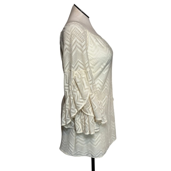 Rachel Kate Cream Chevron Lace Bell Sleeve Off The Shoulder Mini Dress L - Picture 2 of 7